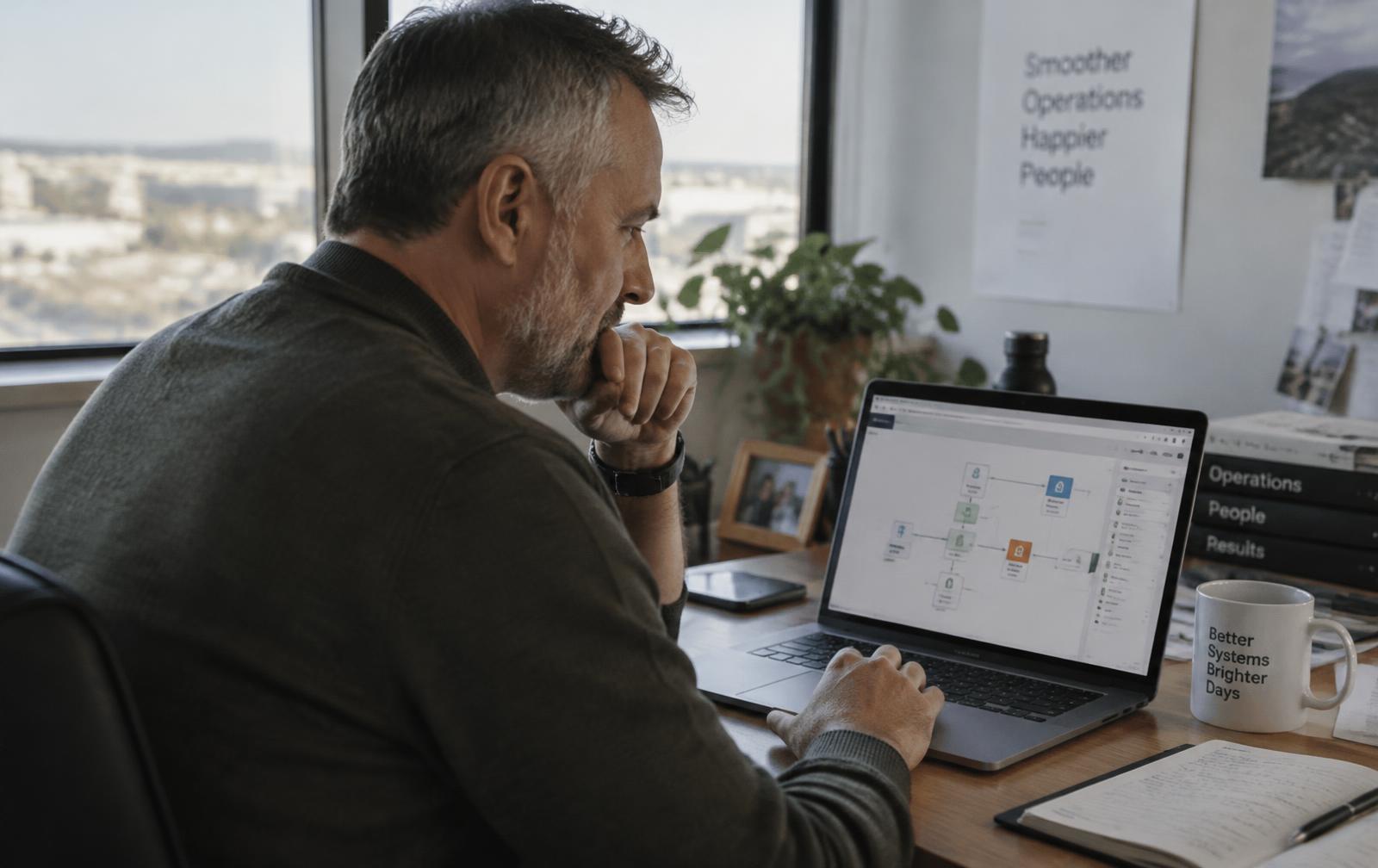 Responsable des opérations examinant un workflow automatisé sur un ordinateur portable